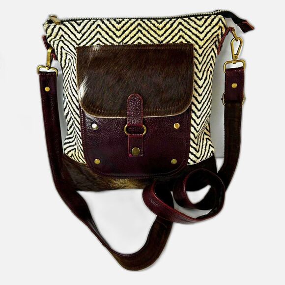 Myra Mixed Media Wine Leather Chevron Fabric Haircalf Shoulder Crossbody Bag - Picture 1 of 13